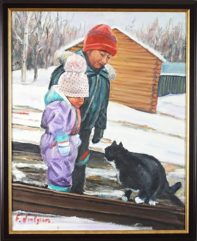 FRED LUNDGREN. Barn med katt, olja på duk.