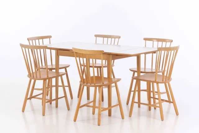 Six cane chairs / beech dining chairs and dining table (7)