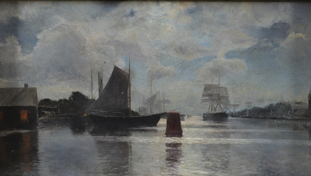 OLOF KRUMLINDE. Hamnmotiv. Olja på pannå, signerad. — Paintings — Växjö Auktionskammare