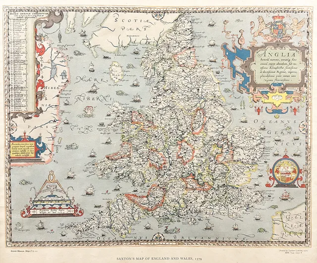 KARTA, "Saxton´s map of England and Wales 1579", tryck efter.