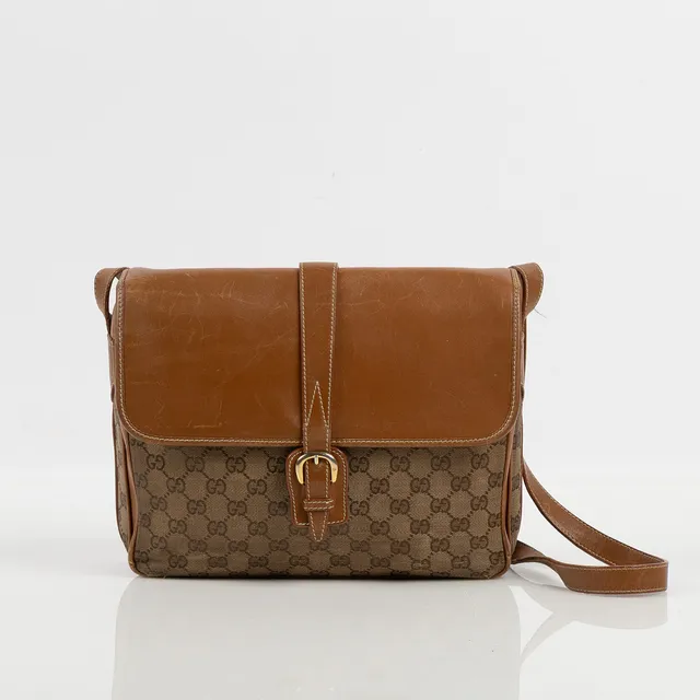 GUCCI, väska, Messenger bag i GG-monogram jaquardvävd canvas samt brunt läder, vintage 1970/80-tal.