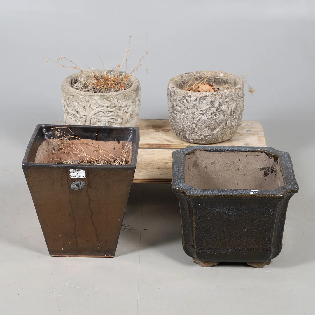 TWO RECONSTITUTED STONE PLANTERS AND TWO OTHERS. — Garden Sculptures & Urns — Lawrences Auctioneers