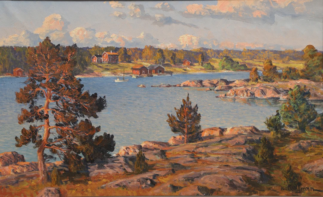 KARL BERGMAN. Olja på duk, röda hus i skärgården, signerad, 1900-tal. — Paintings — Ekenbergs Auktioner