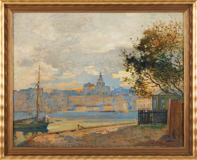 AXEL PETER. Vy mot Södermalm i Stockholm, oljemålning på duk, signerad.