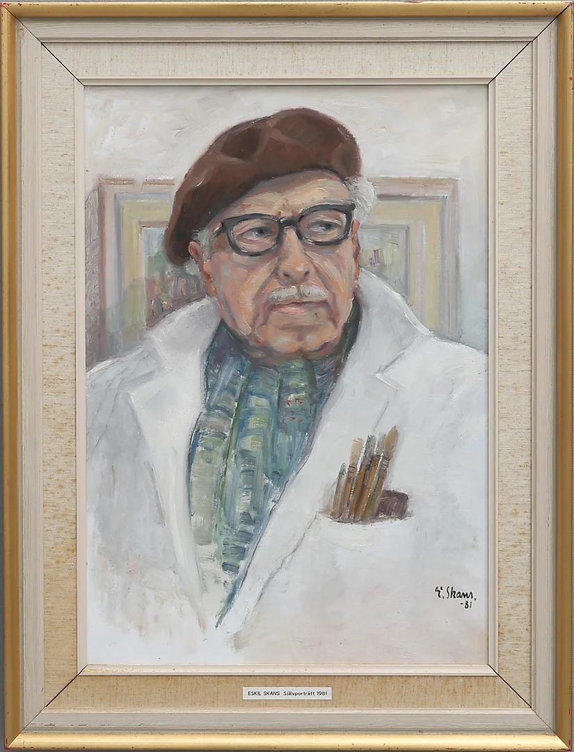 ESKIL SKANS. SJÄLVPORTRÄTT I BARETT OCH MÅLARROCK. — Paintings — Crafoord Auktioner Lund