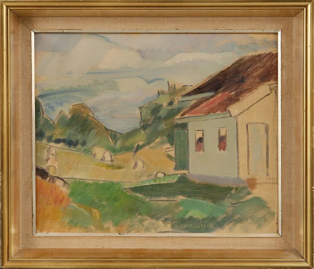WILGOT OLSSON. Olja på duk, Hus och landskap, signerad.
