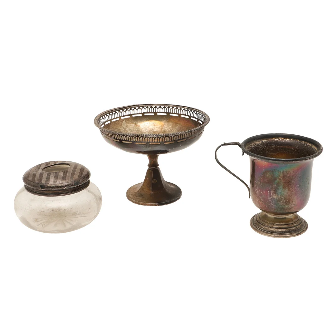 A SILVER PEDESTAL DISH, CHRISTENING CUP AND A SILVER LIDDED GLASS HAIR TIDY. — Silver — Lawrences Auctioneers