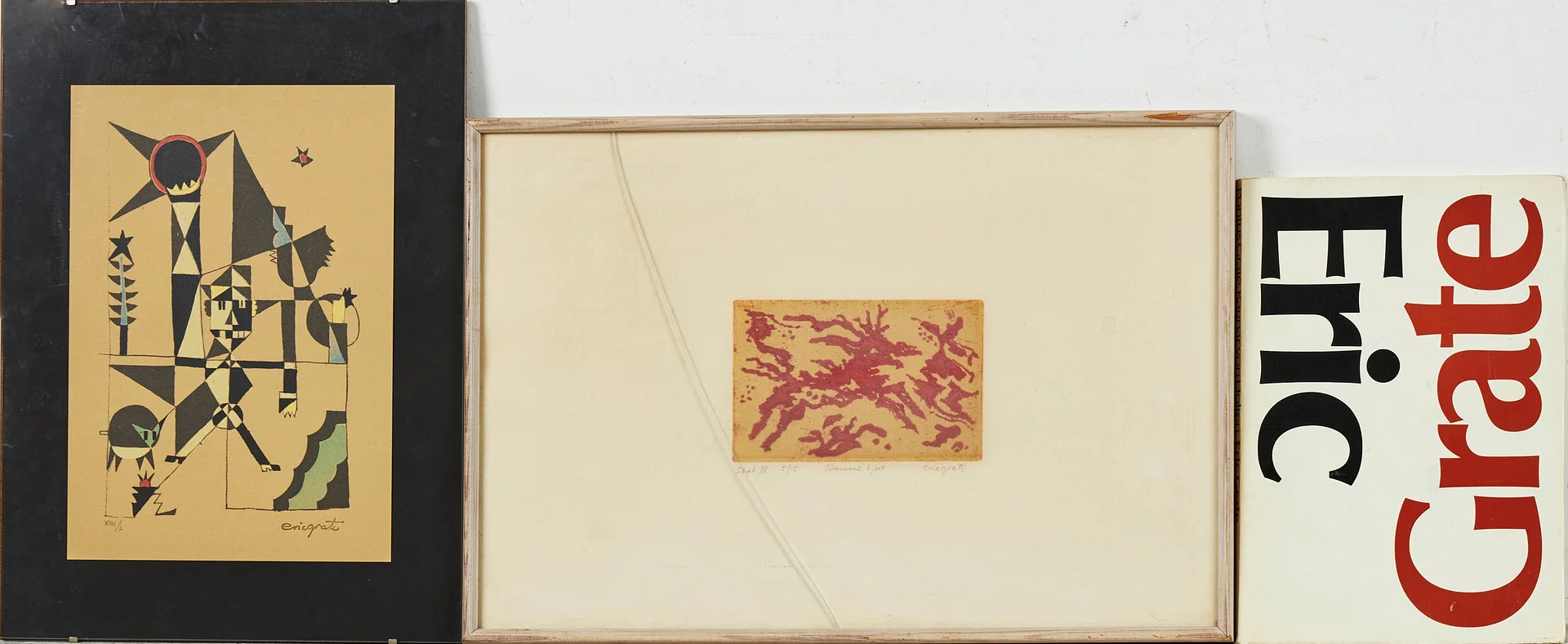 ERIC GRATE. "SOLFÖRMÖRKELSE" & "SÖMNENS HJORT" 2 st, tvåfärgsakvatint & färgseriegrafi, signerade och numrerade, medföljande bok med personlig dedikation. — Engravings & Prints — Stockholms Auktionsverk Sickla