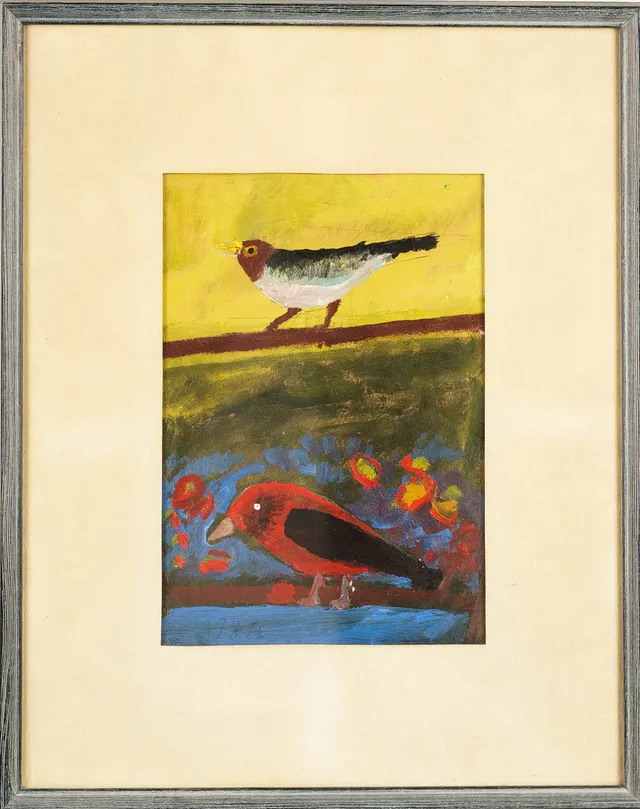 ALFRED FREDRIKSSON. Blandteknik på papper, "En glad och en ledsen fågel", Signerad, 1970.