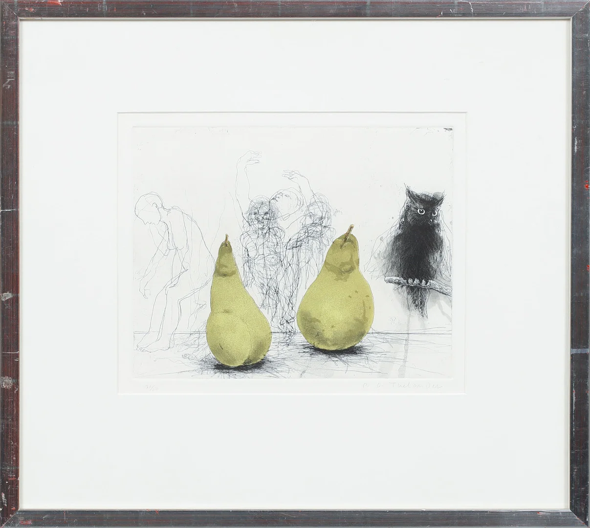 PÄR GUNNAR THELANDER. Komposition med päron och figurer, färgetsning, signerad och numrerad 70/110. — Engravings & Prints — Göteborgs Auktionsverk