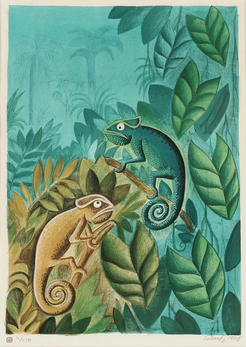 “Livet i skoven”. Signed Scherfig 1964, 12/250. Lithograph in colours. Visible size 60×42 cm. — Modern Prints/Classical modernism — Bruun Rasmussen