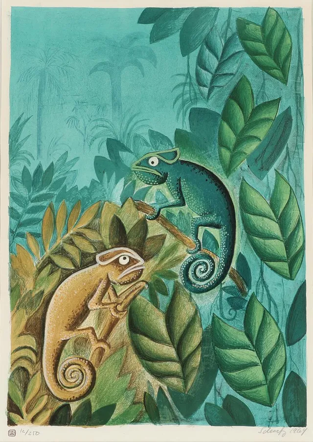 “Livet i skoven”. Signed Scherfig 1964, 12/250. Lithograph in colours. Visible size 60×42 cm.