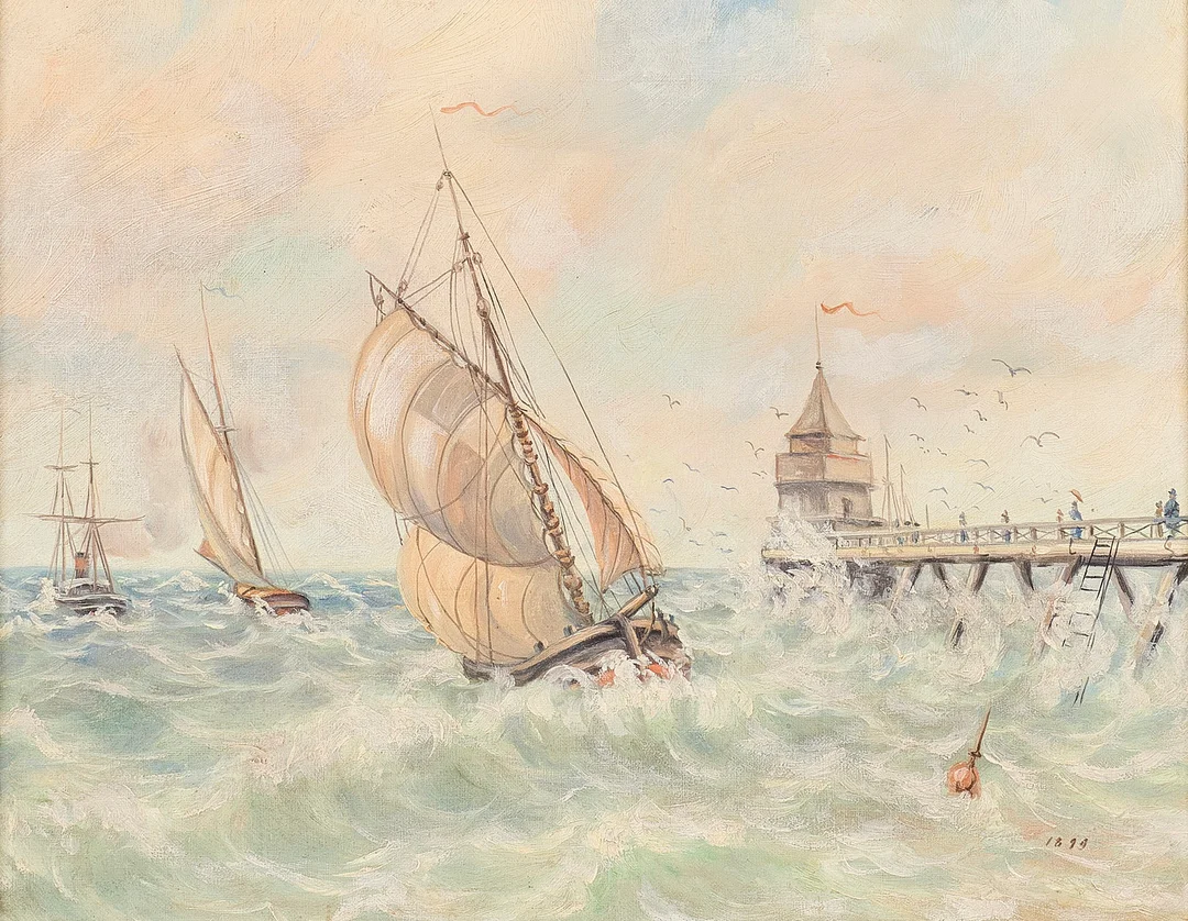 OKÄND KONSTNÄR. Oljemålning, datera 1899, båtar vid pir. — Paintings — Metropol Auktioner