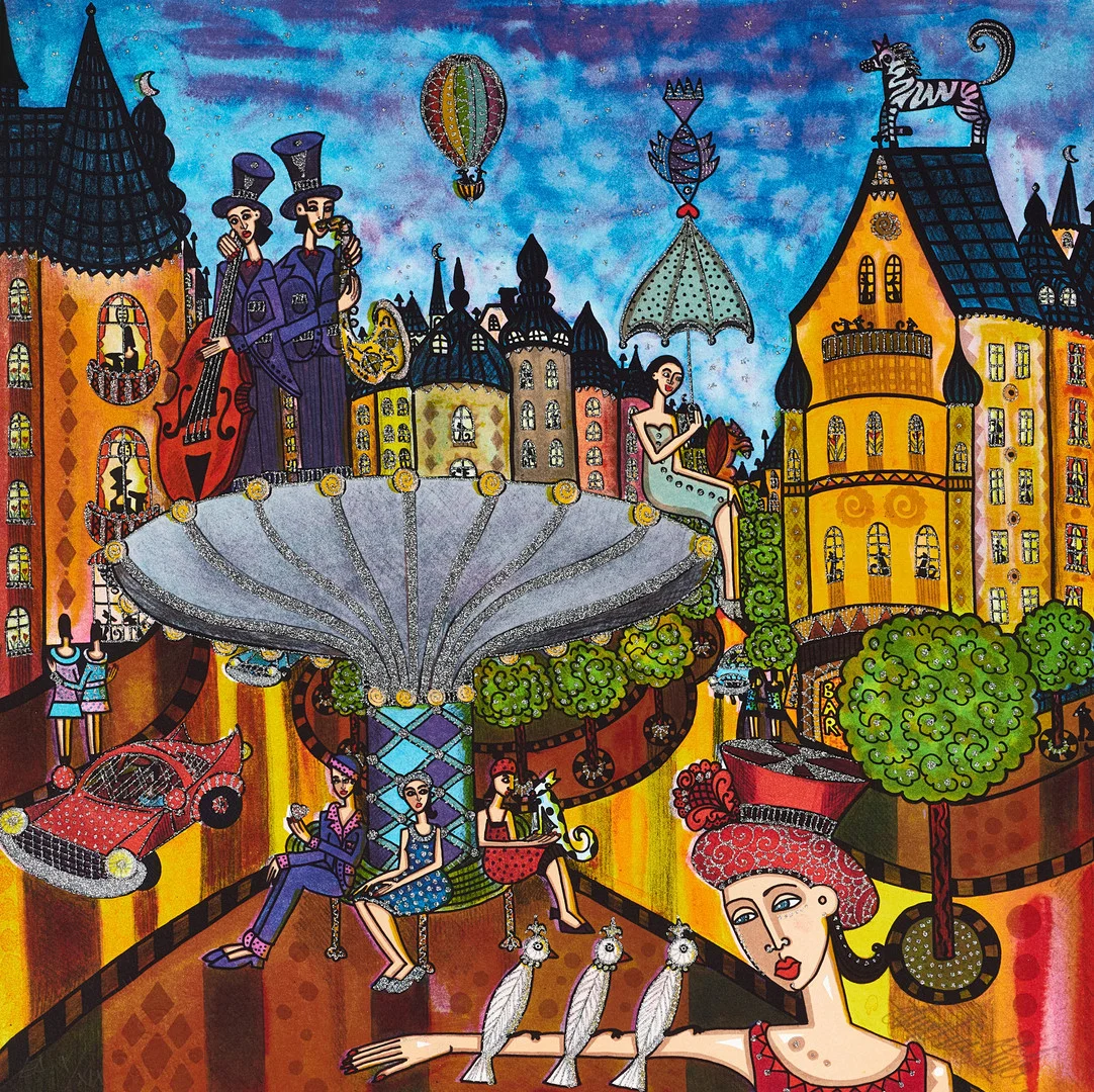ANGELICA WIIK (född 1960). "Svampen" - ur Stockholmsdrömmar, signerad, EA X/XIX, färgitografi med glitter. — Engravings & Prints — Crafoord Auktioner Stockholm