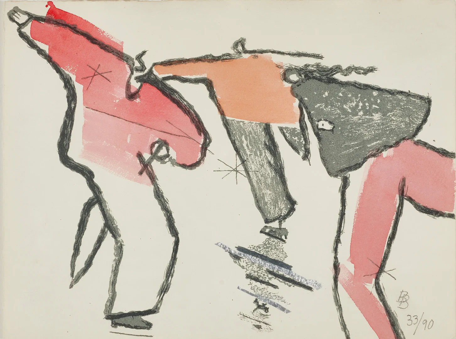 BIRGIT BROMS (1924-2008), Tre skridskoåkare, monogramsignerad med blyerts och numrerad 33/90, akvarellerad litografi och collage. — Engravings & Prints — Crafoord Auktioner Stockholm