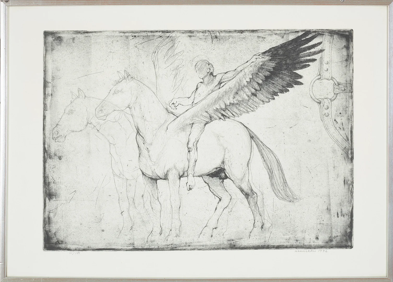 HANS HAMNGREN. Komposition med bevingad häst, etsning, signerad, daterad 1976, numrerad 21/135. — Engravings & Prints — Stockholms Auktionsverk Sickla