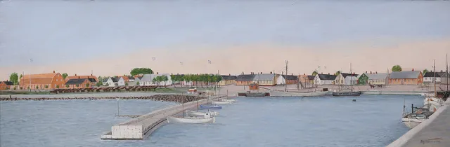 ALGOT NILSSON. Motiv från Skillinge, olja på pannå, signerad och daterads 1949.