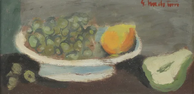 GERHARD NORDSTRÖM. Oljemålning på pannå. Stillenben med frukter. Signerad.