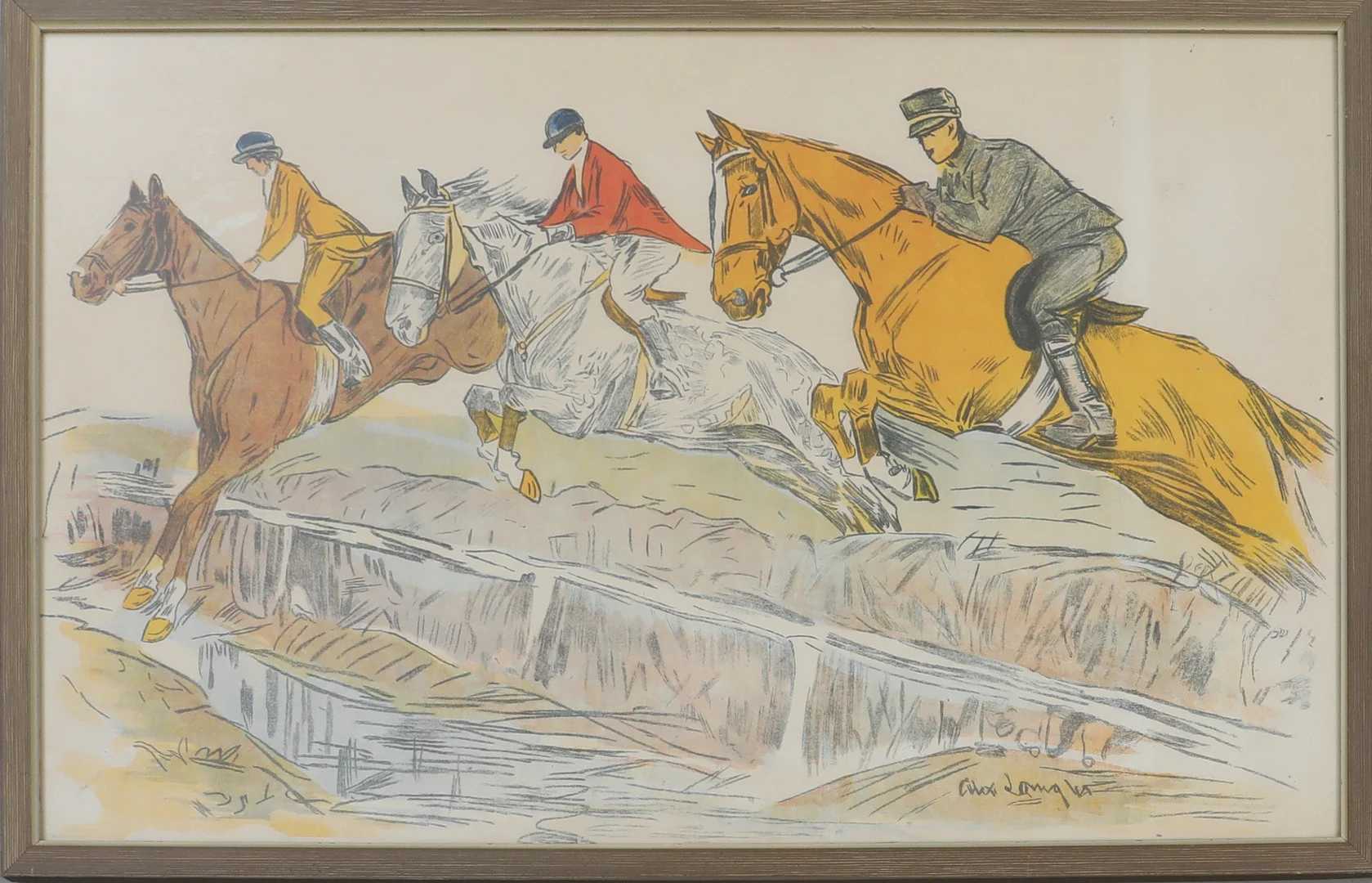 OIDENTIFIERAD KONSTNÄR. tryckt blad, Hästar " Galopptävling", signerad i plåten. — Engravings & Prints — Södermanlands Auktionsverk