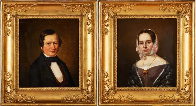 NILS ANDERSSON. Porträtt av Anders Peter Hoffstedh (1806-1848) och hans hustru Amalia Lovisa, född Alklöf (1819-1895), bägge signerade och daterade ”N. Andersson 1842". Olja på duk 33,7 x 29,1 cm., respektive 33,2 x 28,2 cm.