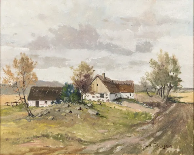 CARL ERIK TRULSSON. Olja på duk, gårdsmotiv, signerad.