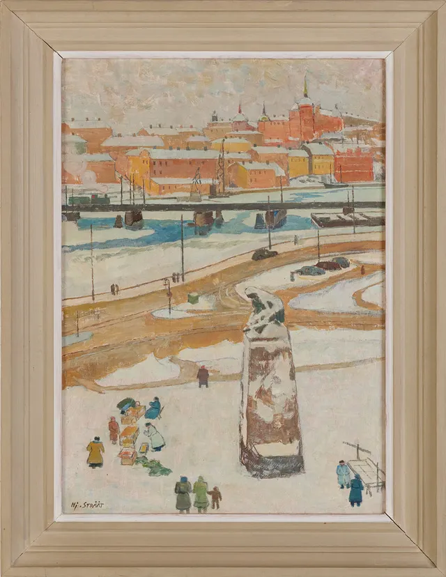 HJALMAR STRÅÅT (1885-1971). "Kornhamnstorg, Stockholm", olja på pannå, signerad, daterad a tergo 1953.