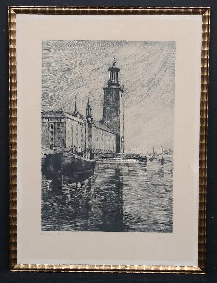 GASTON SMIDT. Stadshuset, Stockholm. Etsning, signerad. — Engravings & Prints — Gomér & Andersson Linköping