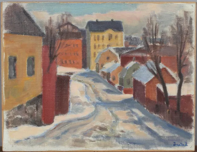 BERNHARD ÖNSTAD. Motiv från Lundagatan, Stockholm, olja på dukpannå, signerad.