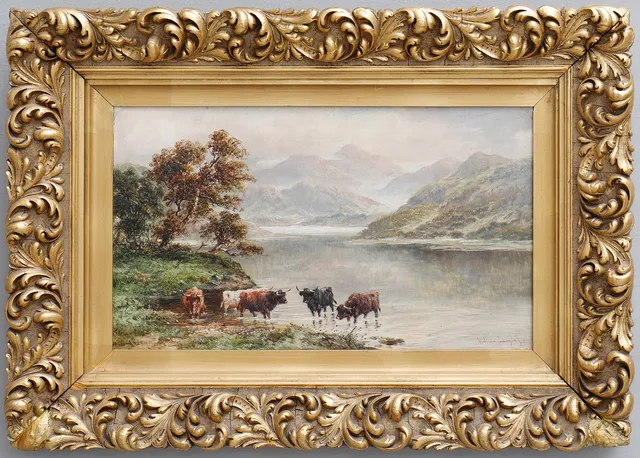 WILLIAM LANGLEY (1880-1920), skotskt sjölandskap med highland cattle, signerad olja på duk.