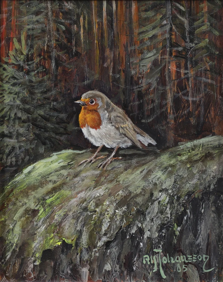 ALF JOHANSSON. "Rödhake", olja på pannå, signerad, daterad 05. — Paintings — Växjö Auktionskammare