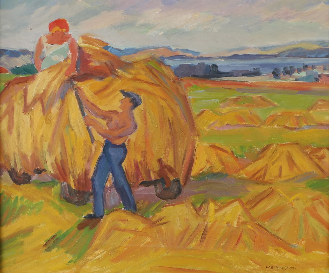 LARS NIKLASSON. Skördearbete, olja på pannå, signerad. — Paintings — Helsingborgs Auktionskammare