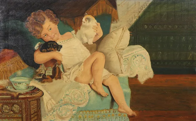 OIDENTIFIERAD KONSTNÄR, SIGNERAD J.L. 1906 COPIA. Barn med hundvalp och katt.