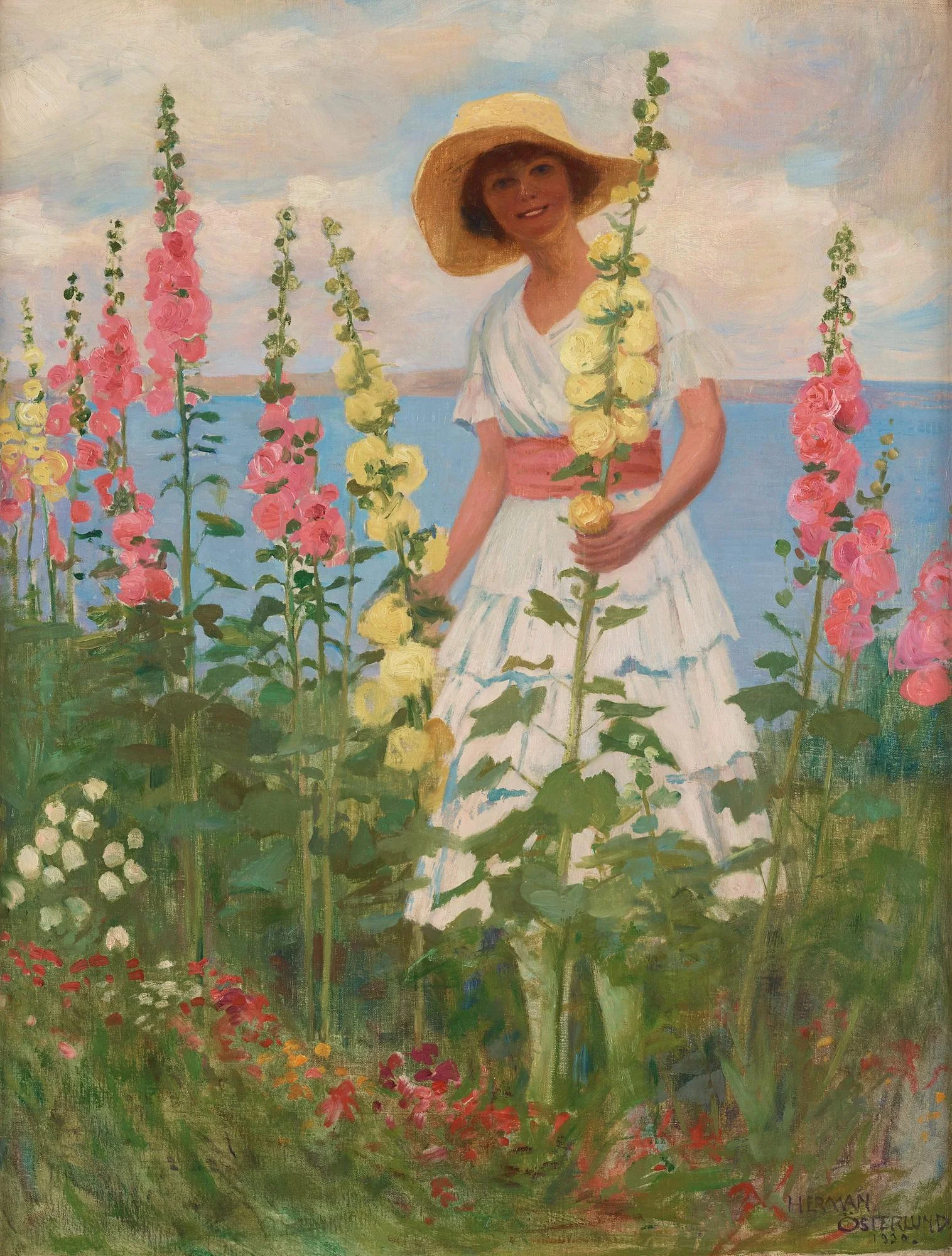 Herman Österlund, Kvinna med stockrosor. (Sommar, Arild). — Bukowskis