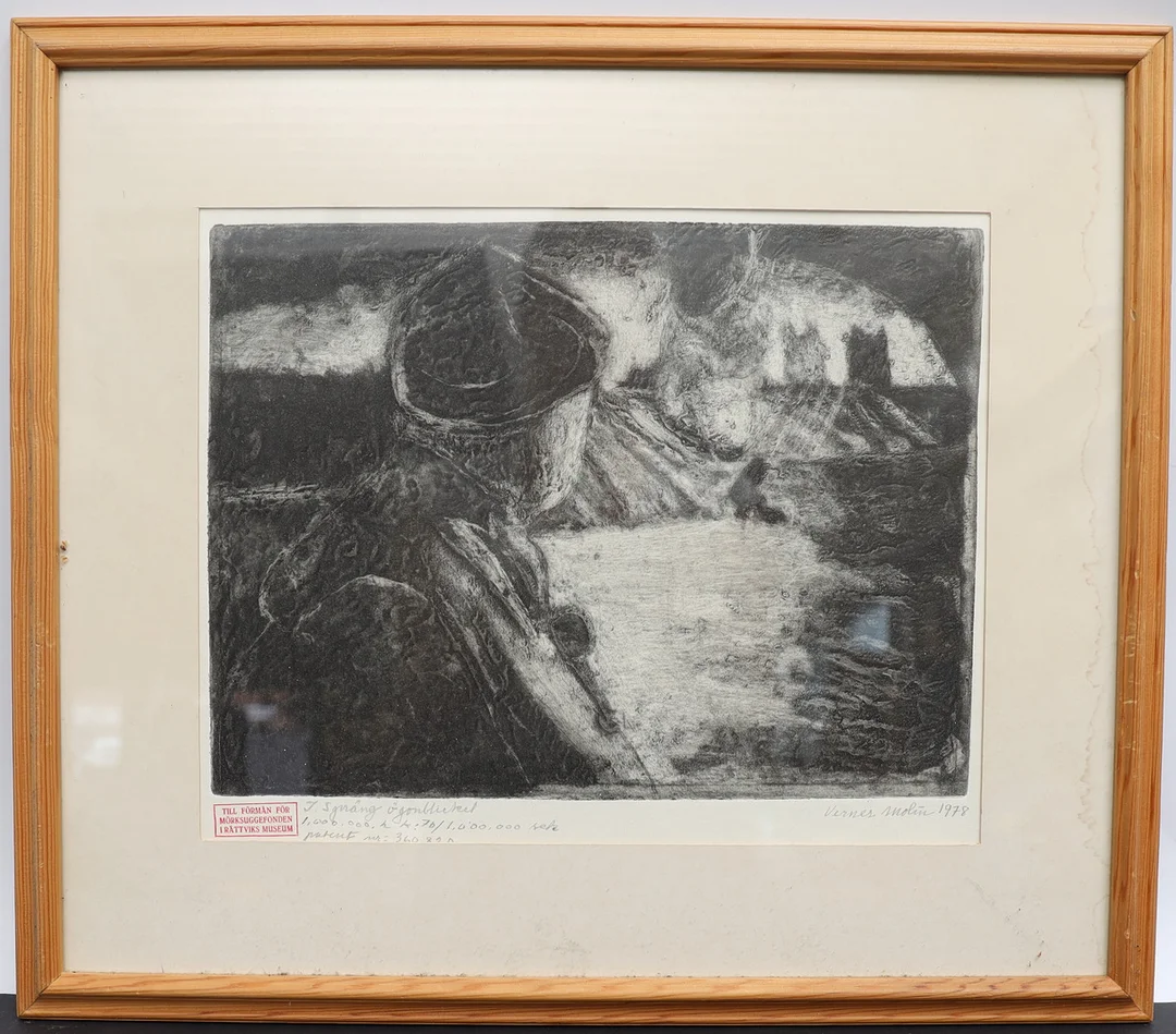 VERNER MOLIN. "Spräng ögonblicket" etsning, signerad och daterad 1978. — Engravings & Prints — Falun Auktionsbyrå