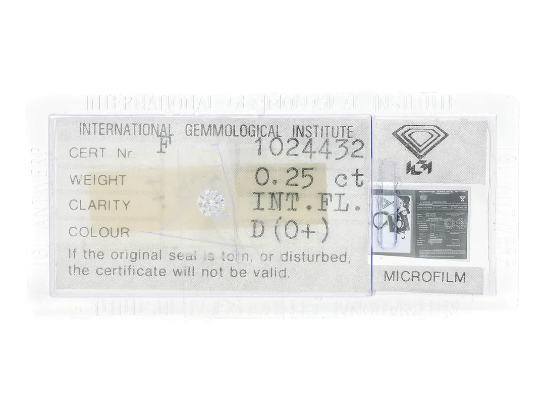 DIAMANT, briljantslipad, 0,25 ct, River(D)/IF, IGI cert F1024432, bruten försegling. — Ädelstenar/Diamanter — Kaplans