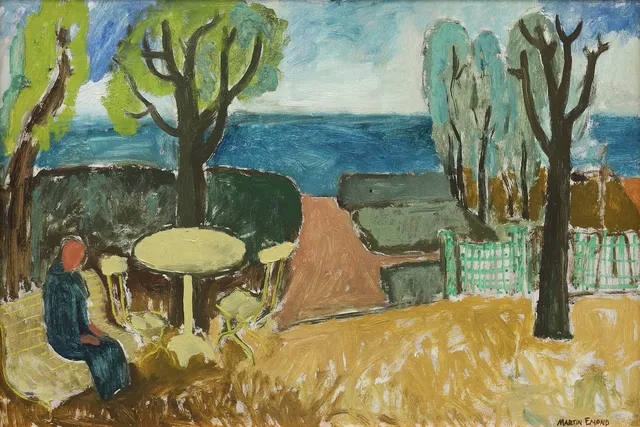 MARTIN EMOND. Utsikt mot havet från trädgården i Landskrona, olja på pannå, signerad.