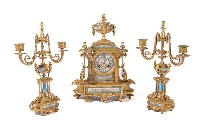 Japy Freres. French Napoleon III gilt bronze and porcelain fireplace mantel, circa 1870 (3)