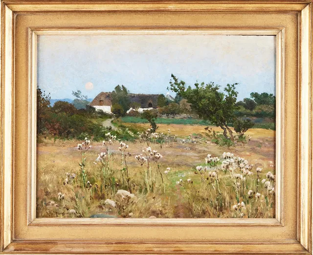 VIGGO PEDERSEN (DANMARK, 1854-1926). skymning över landskap, olja på pannå, signerad och daterad 1886.
