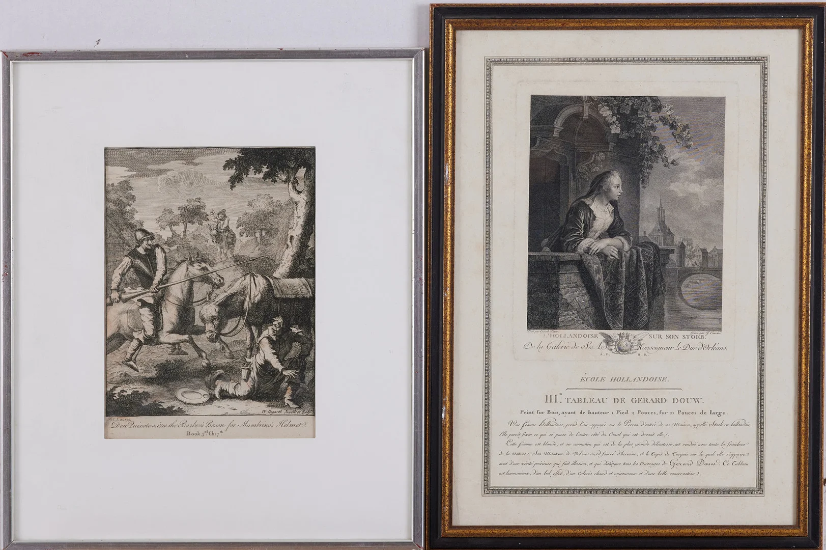 KOPPARSTICK, 4 st, 17/1800-tal, "Une femme hollandaise" efter Gerard Douw, Figurscen ur Don Quixote efter William Hogarth, "View near Crogen on the River Dee" efter Walmsley, Bataljscen ur Merian, (Frankfurt 1660), delvis koloreringar. — Engravings & Prints — Stockholms Auktionsverk Magasin 5