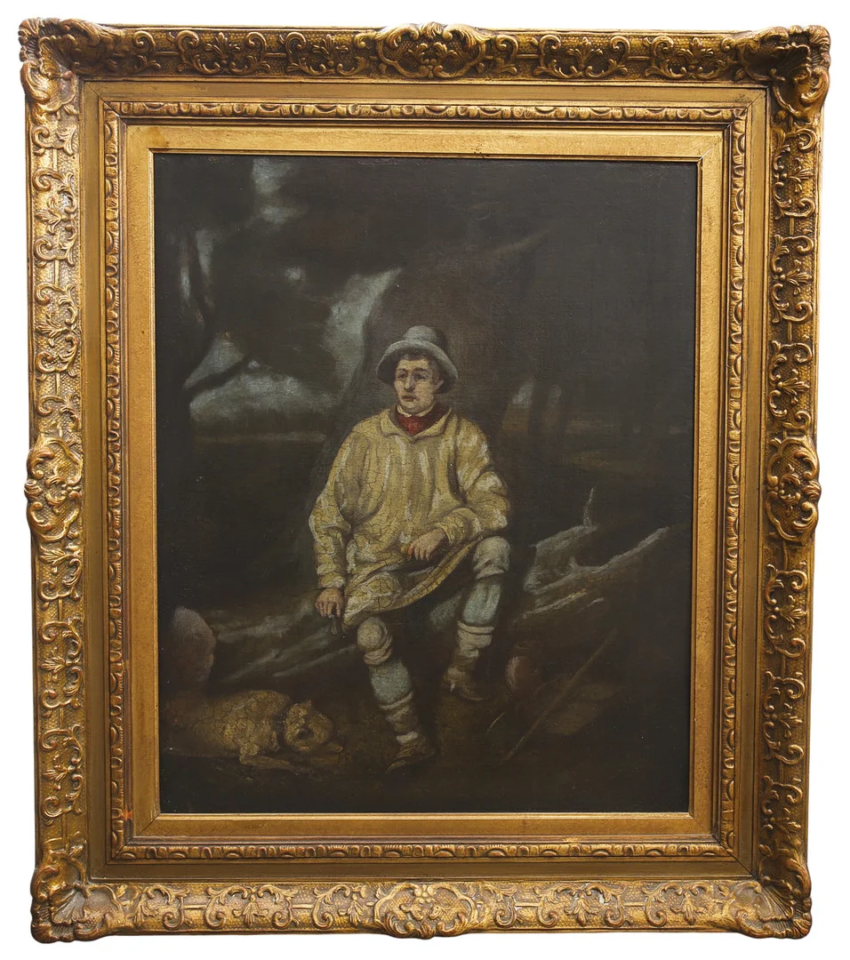 Okänd konstnär, olja på duk, motiv. dräng som sitter på en trädstam, hund som vilar. 1800-talets mitt. — Paintings — Limhamns Auktionsbyrå