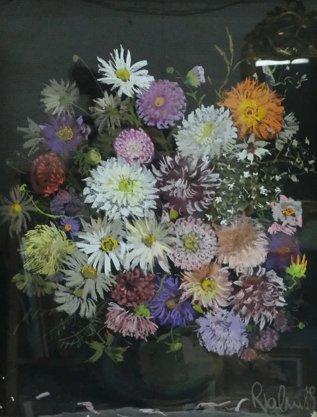 OIDENTIFIERAD KONSTNÄR, PASTELL, STILLEBEN MED BLOMMOR, SIGNERAD.