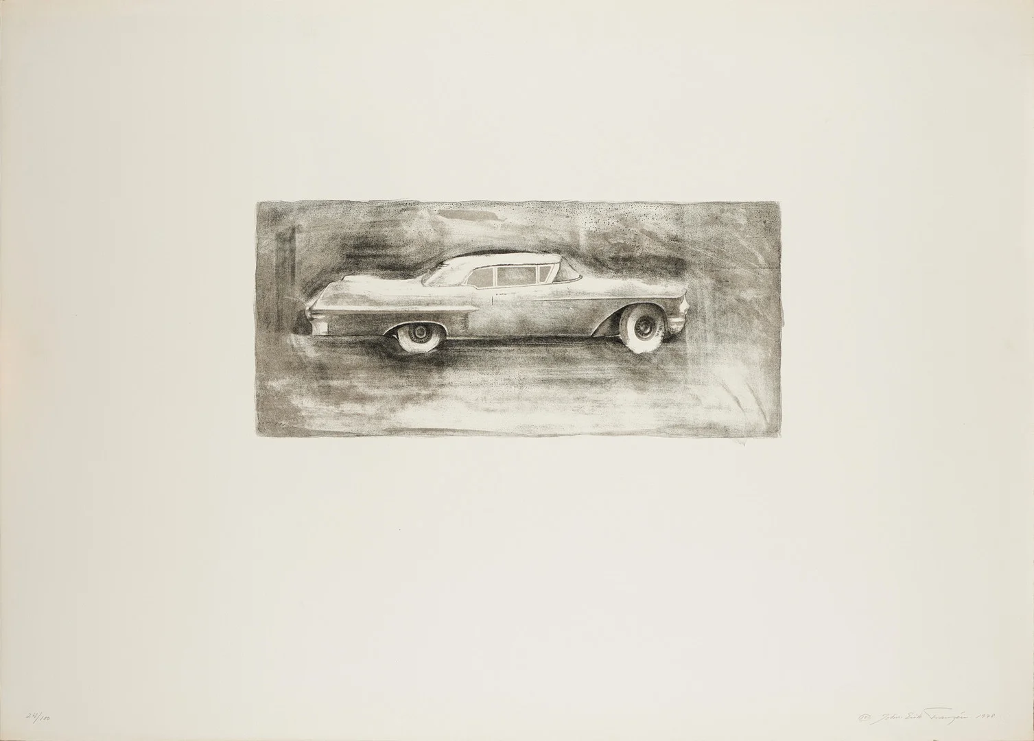 JOHN-ERIK FRANZÉN. "Den vita Cadillacen", signerad, daterad John Erik Franzén 1978, ed. 24/100, litografi. — Engravings & Prints — Crafoord Auktioner Stockholm