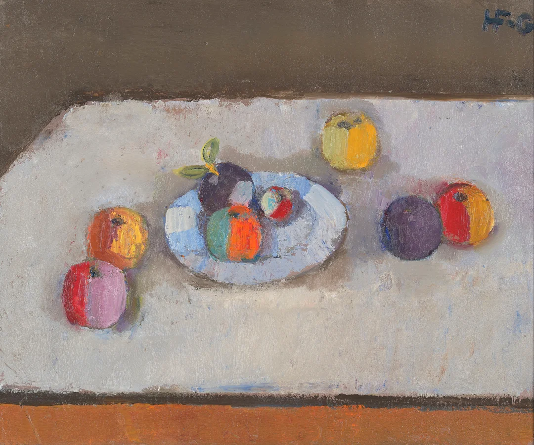 Finne-Grønn, Hans — "Epler, hvit tallerken" — Kunst/Maleri — Blomqvist