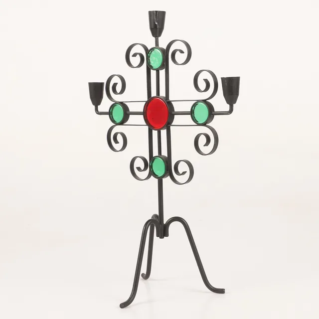 GUNNAR ANDER. Ljusstake, smide/glas, Ystad Metall, 1900-talets mitt.