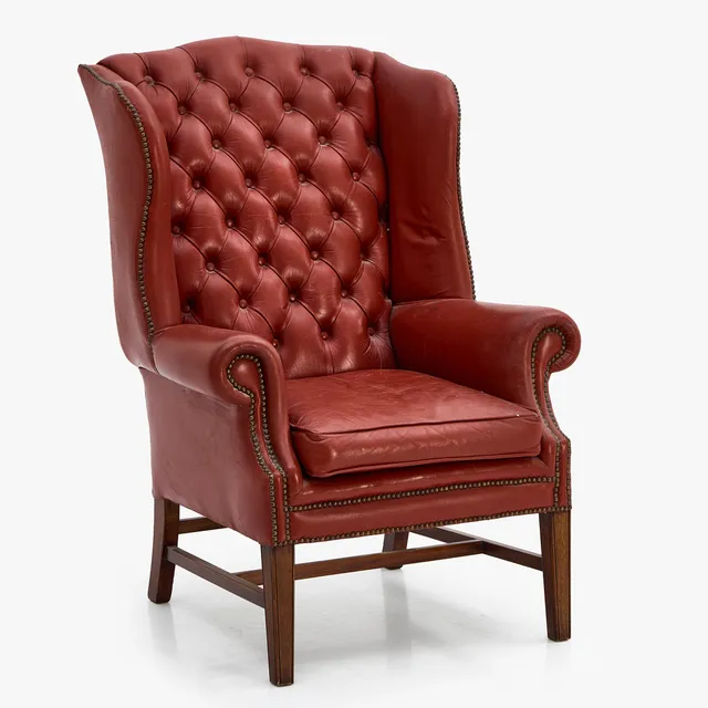 FÅTÖLJ, England, djuphäftat rött skinn.