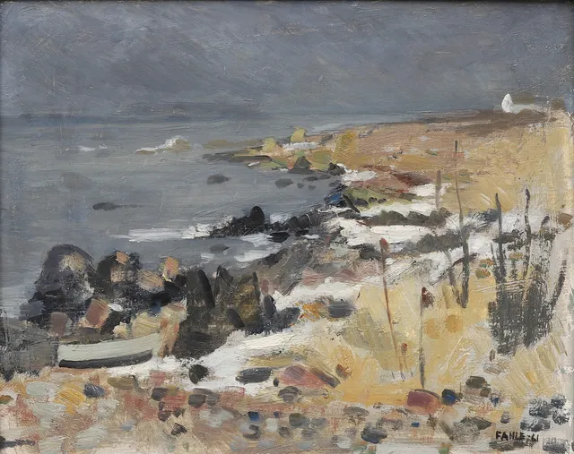 GUSTAF ADOLF FAHLE. "Stranden Arild", kustlandskap, olja på pannå, signerad och daterad -61.