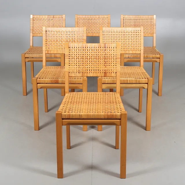 AINO AALTO. Stolar, 6 st, modell 615, ek, rottingsits, Artek, 1900-talets mitt.