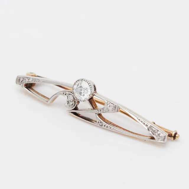 Brosche, Jugendstil, 585er Gelb- und Weißgold, Diamanten.