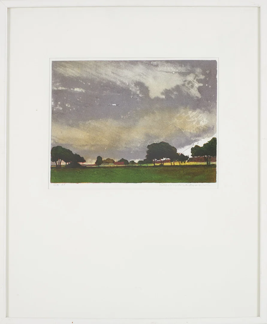 GUNNAR LARSON. färglitografi, "Oväder", EA, signerad. — Engravings & Prints — Stockholms Auktionsverk Sickla