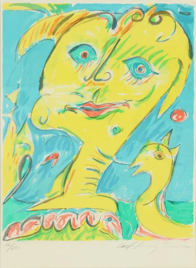 Composition from “The Hill of the Elves” from the H.C. Andersen Suite. Signed Carl-Henning Pedersen 1985, 116/250. Published by Juliette Halioua, New York. Lithograph in colours. Visible size 60×45 cm.
